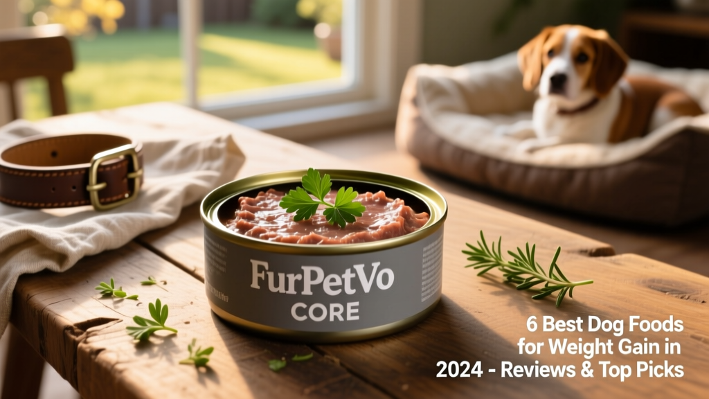 Open can of FurPetVo CORE wet food showing glossy, meaty pate topped with small herb garnish