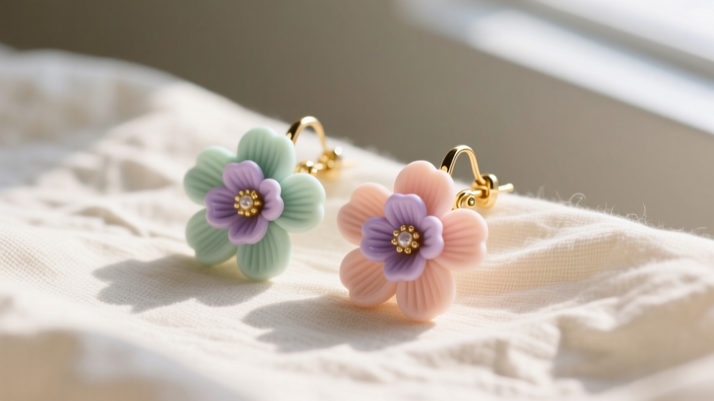 Pastel polymer clay flower earrings with gold hardware on textured linen cloth, illuminated by soft, diffused natural light.
