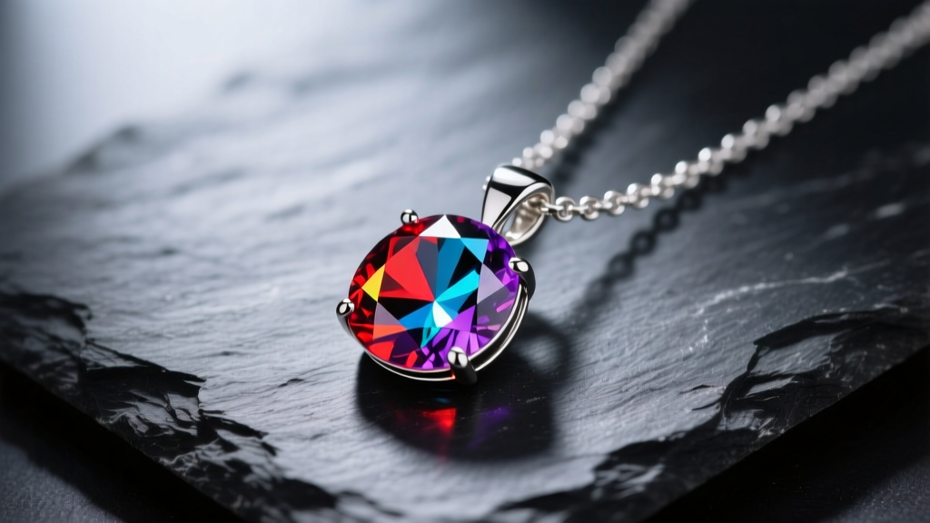 Close-up of a vibrant rainbow mystic topaz pendant on a delicate sterling silver chain, resting on dark slate in soft light.