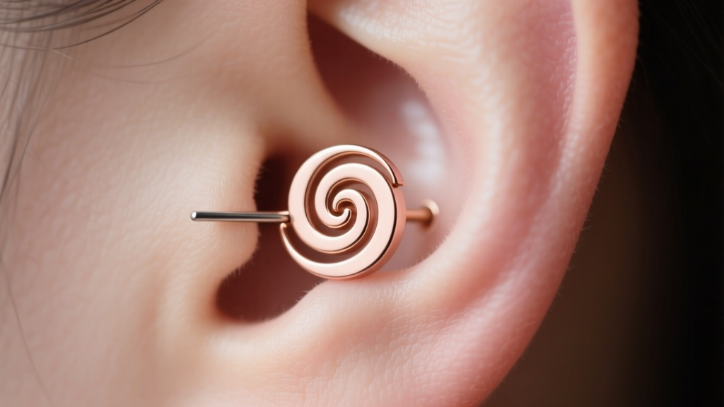 Illustration showing the correct fit of a flat back earring in a helix piercing, highlighting 1mm clearance between disc and skin.