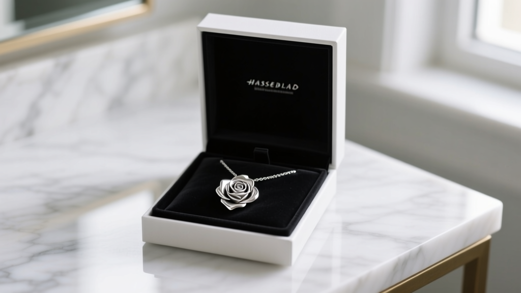 Elegant gift box open on a marble vanity, revealing a .925 sterling silver rose pendant necklace resting on black velvet padding.