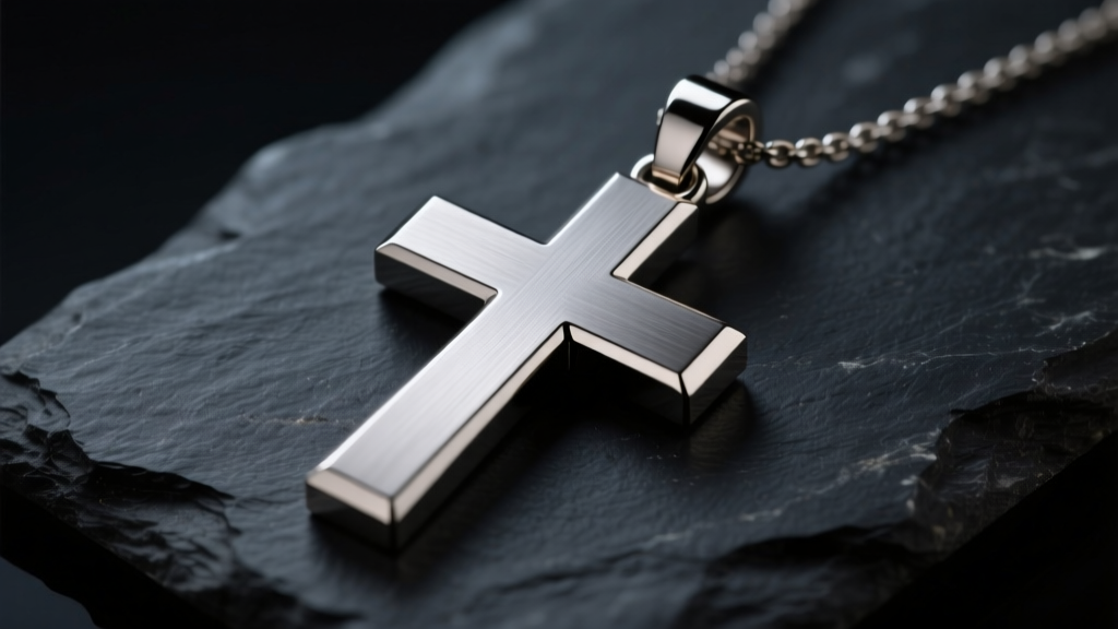 Brushed titanium Latin cross pendant on dark slate, highlighting its matte texture and sharp bevels under dramatic studio lighting.