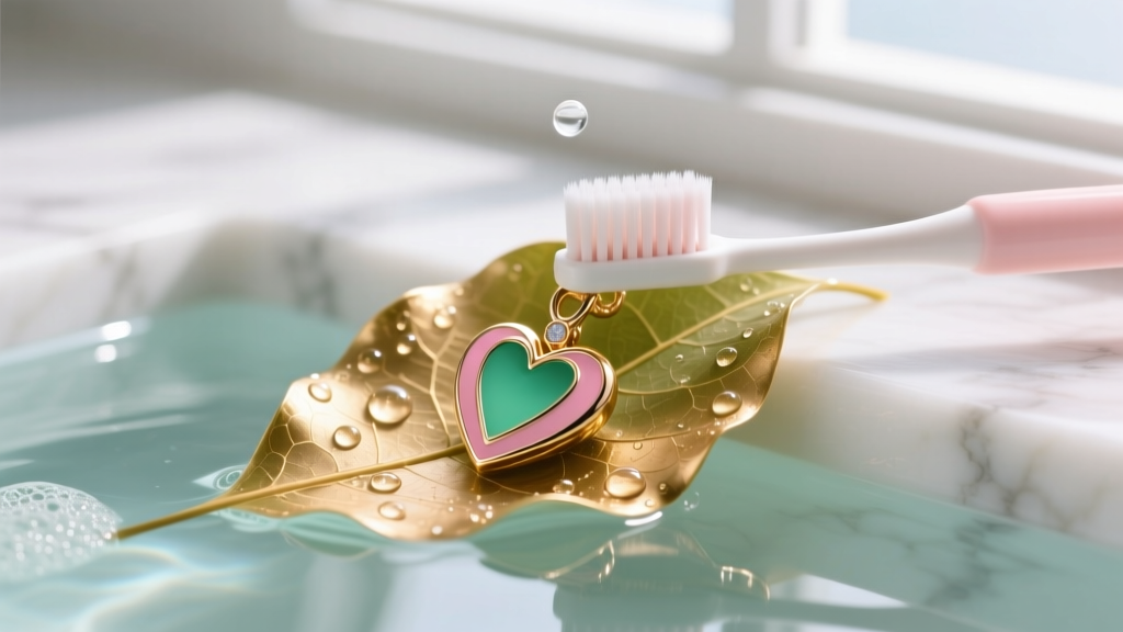 A soft baby toothbrush gently scrubbing the intricate 12K pink and green gold leaves of a heart necklace in mild soapy water.