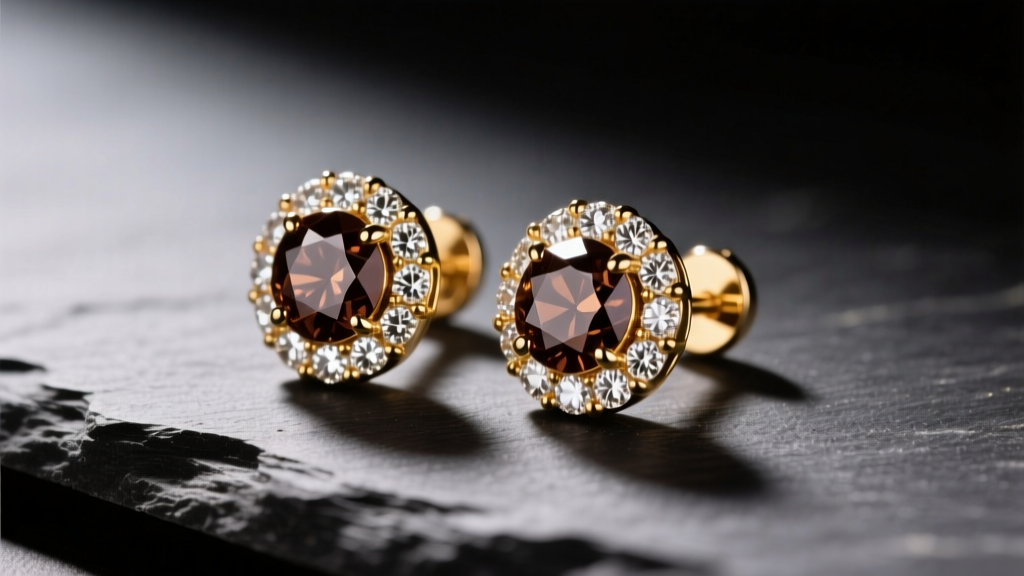 Macro shot of Le Vian chocolate diamond stud earrings in 14k strawberry gold, resting on dark slate with dramatic studio lighting