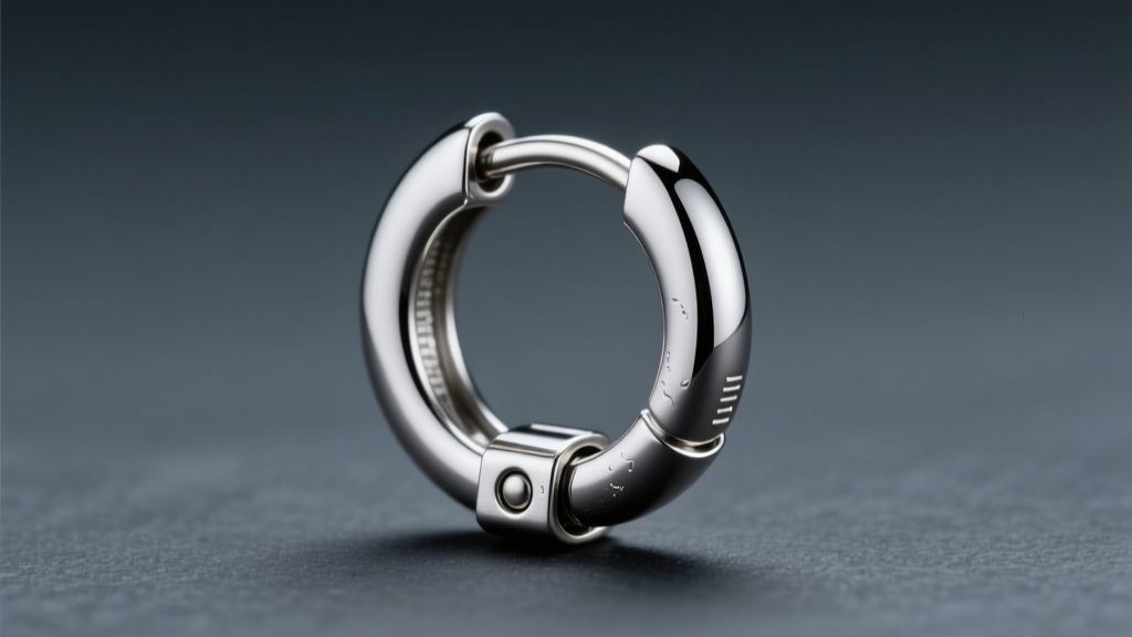 Close-up of an 18-gauge titanium huggie clicker earring, highlighting the hinge and clasp mechanism against a dark slate backdrop