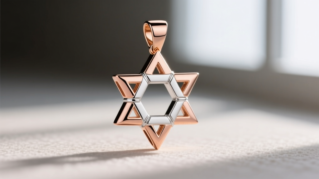 Macro shot of a 14k rose and white gold Jewish star pendant, showing contrasting finishes and precise laser welded joints.
