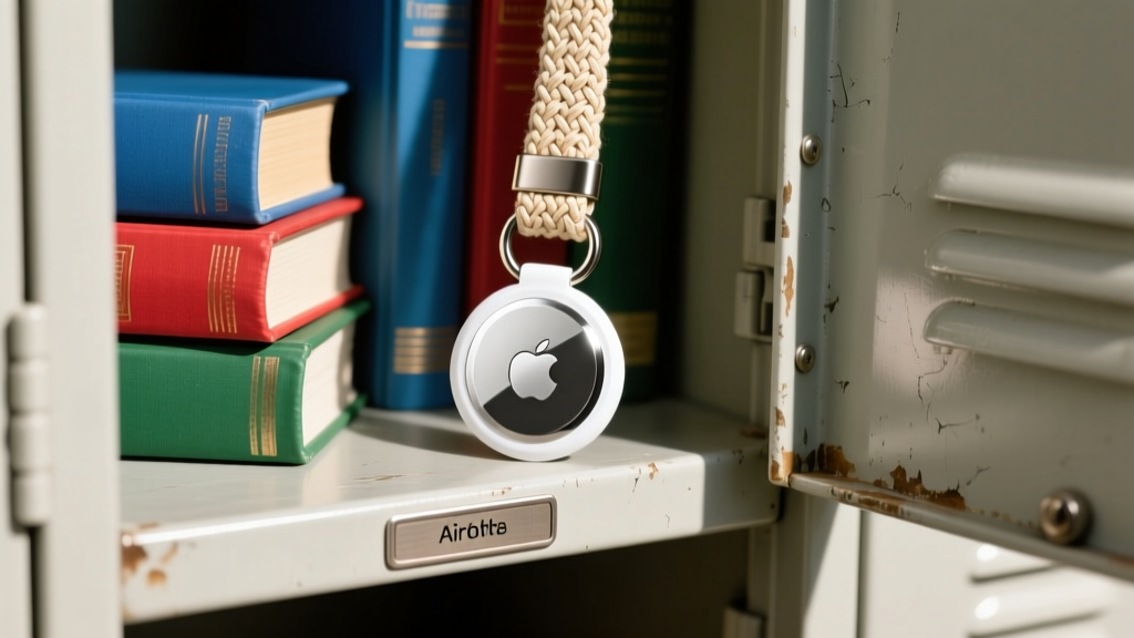 Apple AirTag attached to a woven lanyard inside a high school locker next to textbooks, showing the polished stainless steel back and white casing