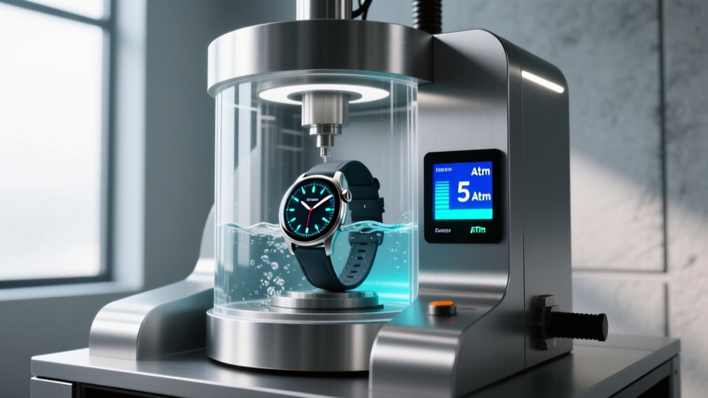 Digital watch pressure testing machine featuring a sealed testing chamber and an LED display showing 5 ATM water resistance levels