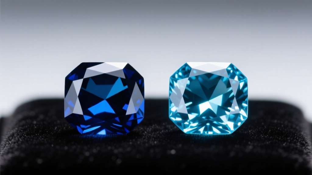 Macro shot comparing a deep London blue topaz and a bright Swiss blue topaz, both in 20x15mm emerald cuts under studio lighting