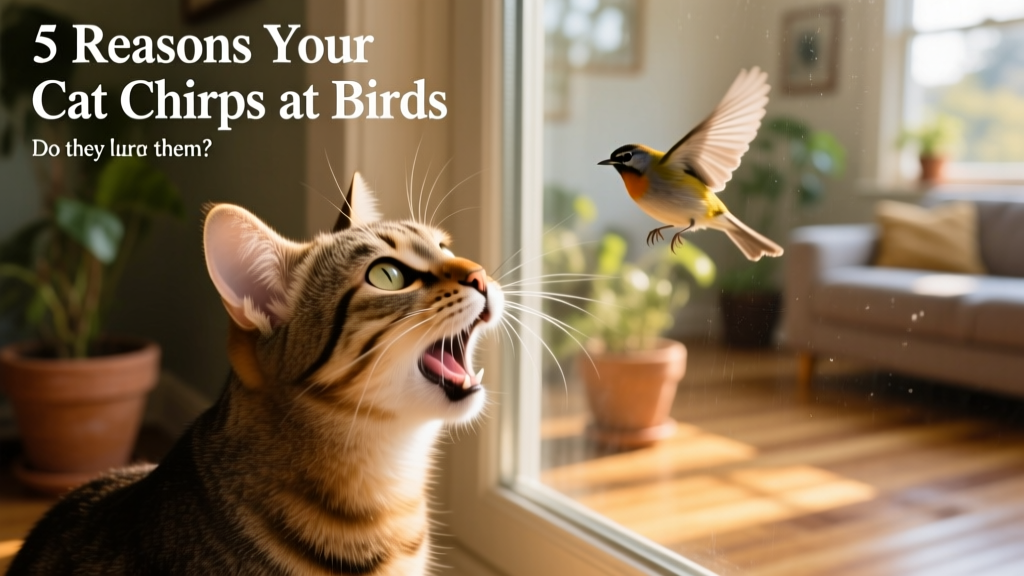 Close-up of a domestic cat chirping at a bird visible through a window