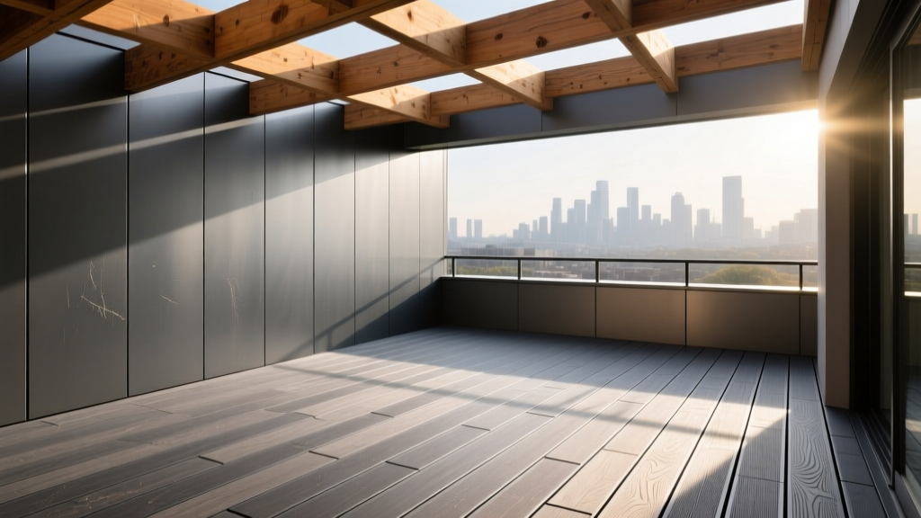 Interlocking matte charcoal aluminum decking boards installed over wide-spaced pressure-treated wooden joists on a modern second-story balcony