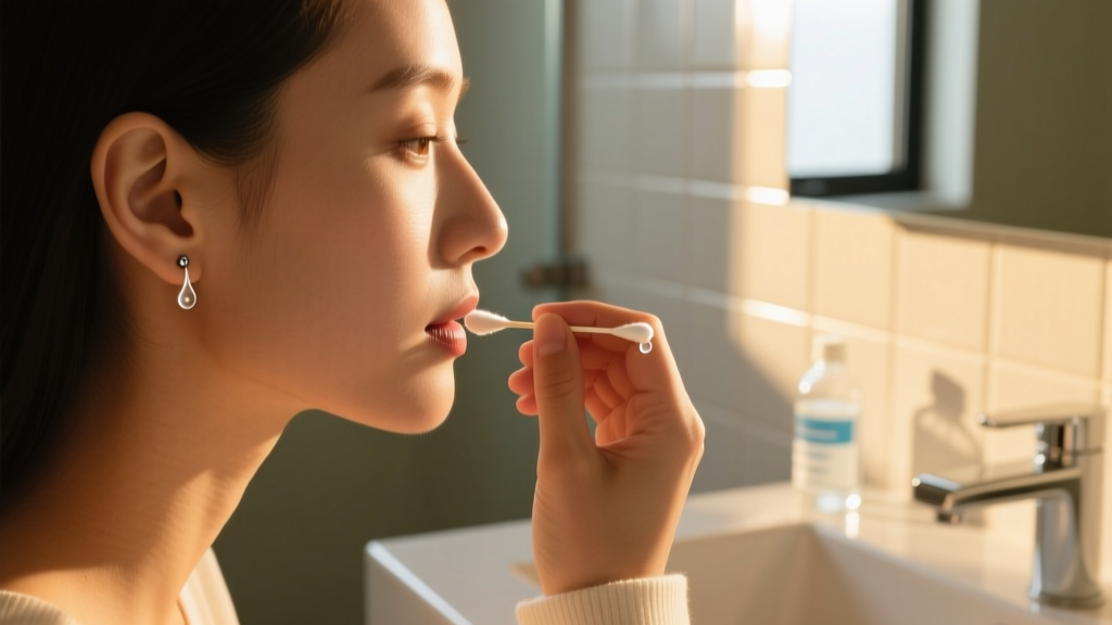 Person gently cleaning an earlobe piercing with a cotton swab and sterile saline solution, warm natural bathroom lighting.