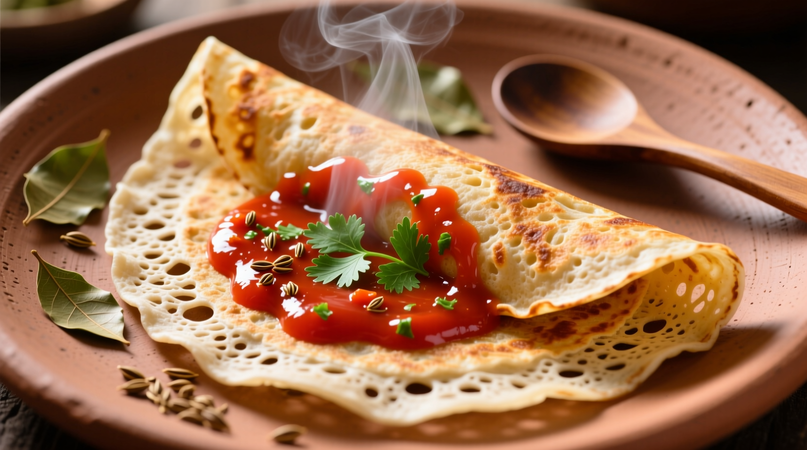 Freshly made dosa with vibrant red tomato chutney