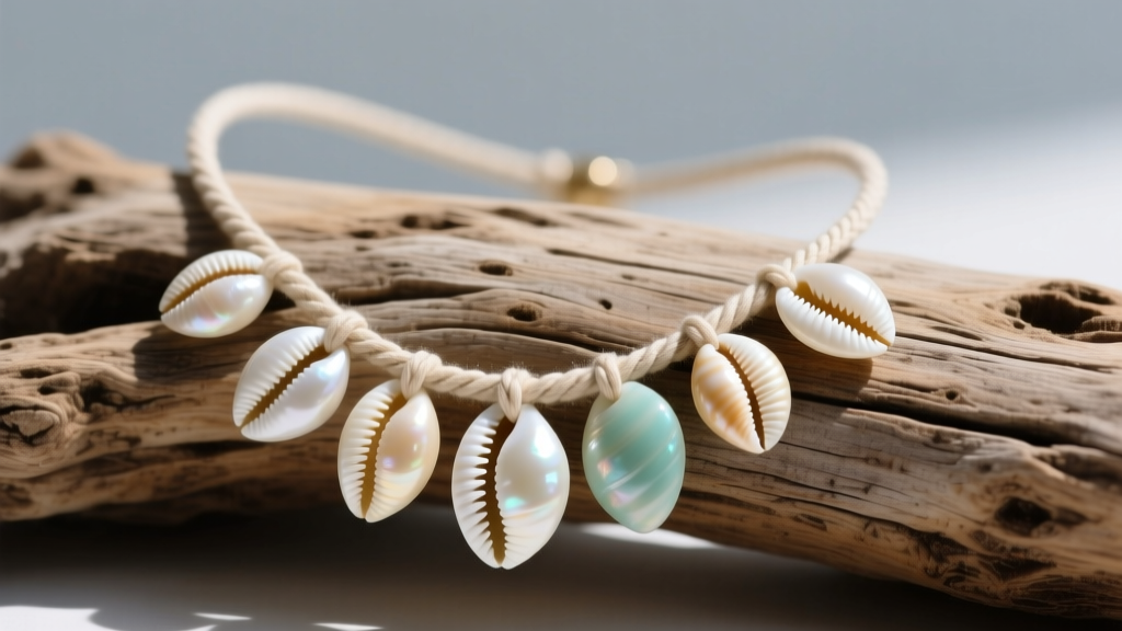 Close-up of a finished seashell necklace featuring polished cowrie shells on a waxed cotton cord, resting on weathered driftwood.