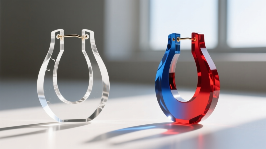 Side-by-side comparison of extruded acrylic and cast acrylic laser cut earring blanks showing edge clarity and light refraction