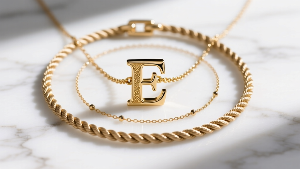 Flat lay of a layered set with a 1mm satellite chain and a 3mm rope chain holding a giant gold initial on a white marble surface