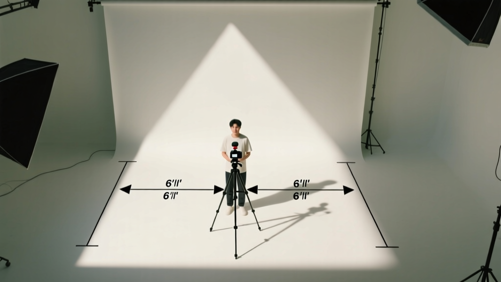 Top-down diagram showing the 6-foot distance rule between the vlogger, the camera tripod, and the background wall for optimal shadow separation.
