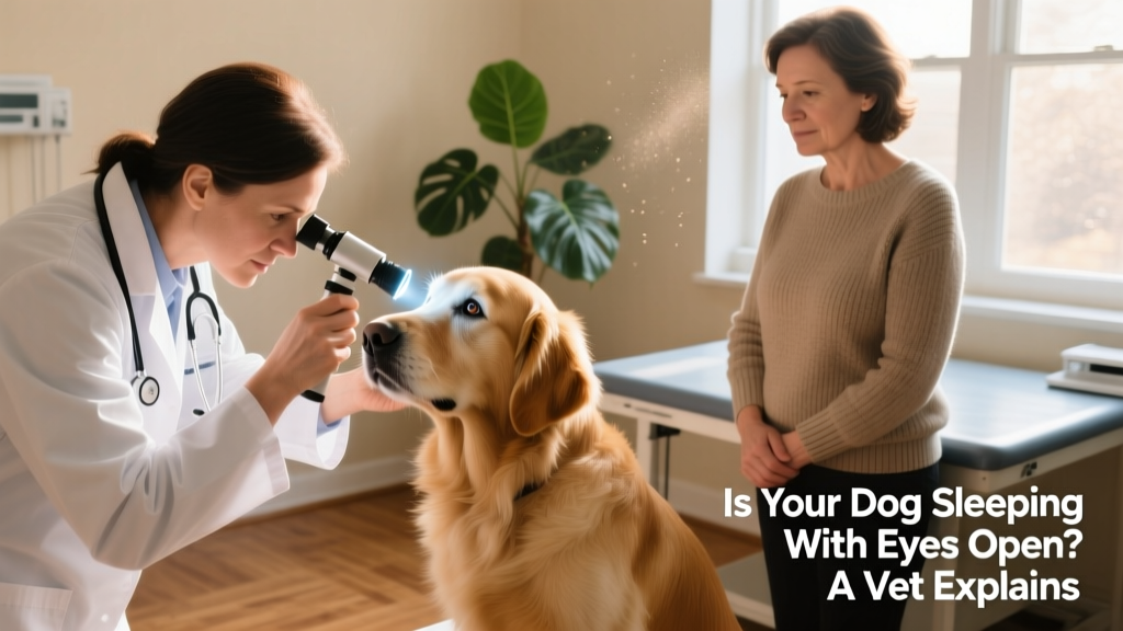 Veterinarian examining a dog's eyes with an ophthalmoscope while owner observes calmly