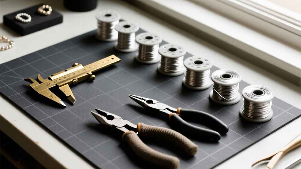 Top-down view of a jewelry workbench featuring brass calipers, nylon-jaw pliers, and spools of sterling silver wire on a dark mat
