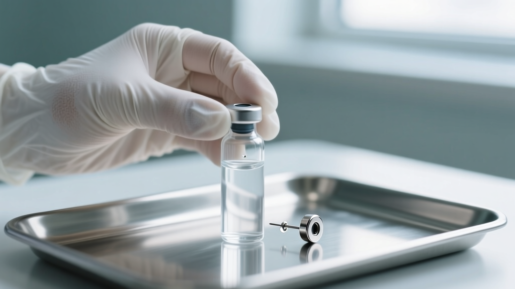 Nitrile-gloved hands holding sterile saline and a threadless 16-gauge titanium earring end on a sterile stainless steel tray