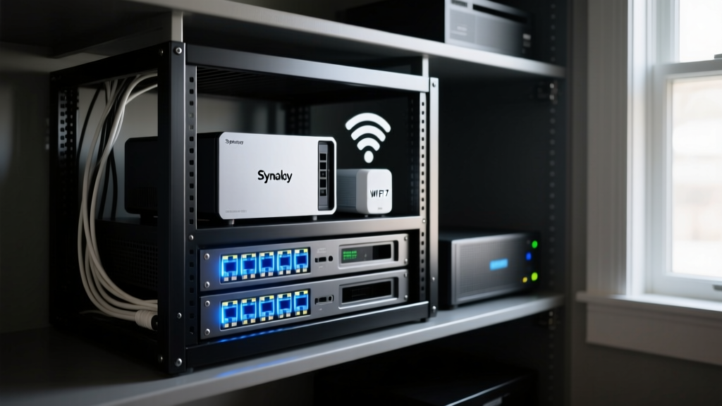 Custom home media server rack featuring a Synology NAS and a Wi-Fi 7 mesh node with glowing ethernet ports in a dark closet