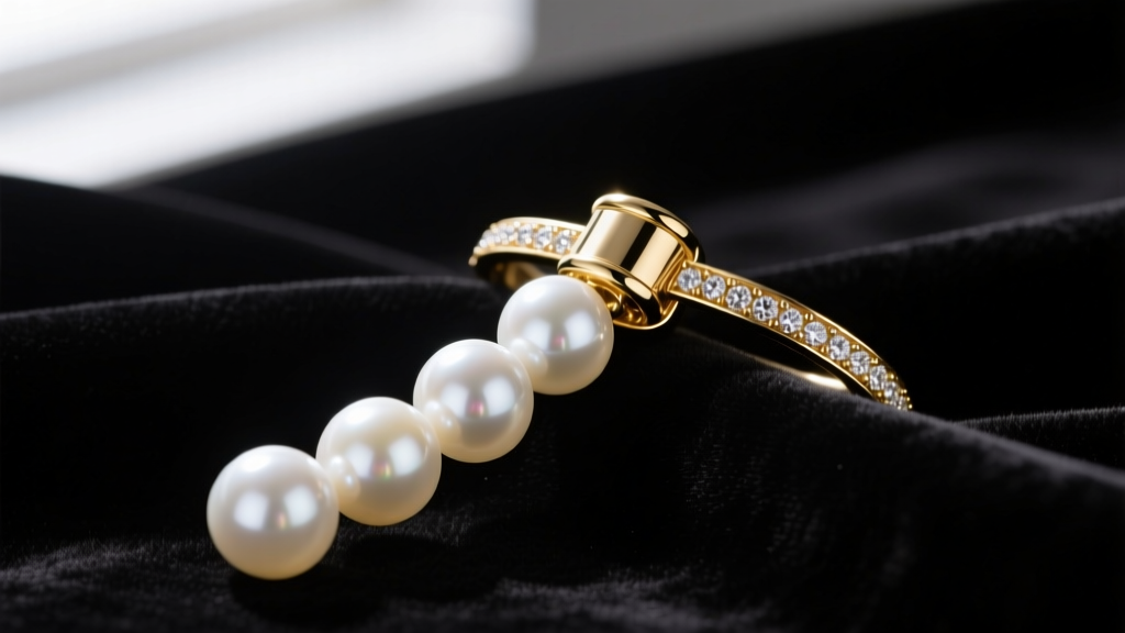 Macro shot of a gold diamond barrel clasp connecting five strands of perfectly matched round white pearls on dark velvet fabric.