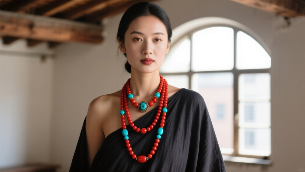 Woman wearing a multi-strand vintage Tibetan coral and turquoise choker over dark linen, illuminated by soft natural window light.