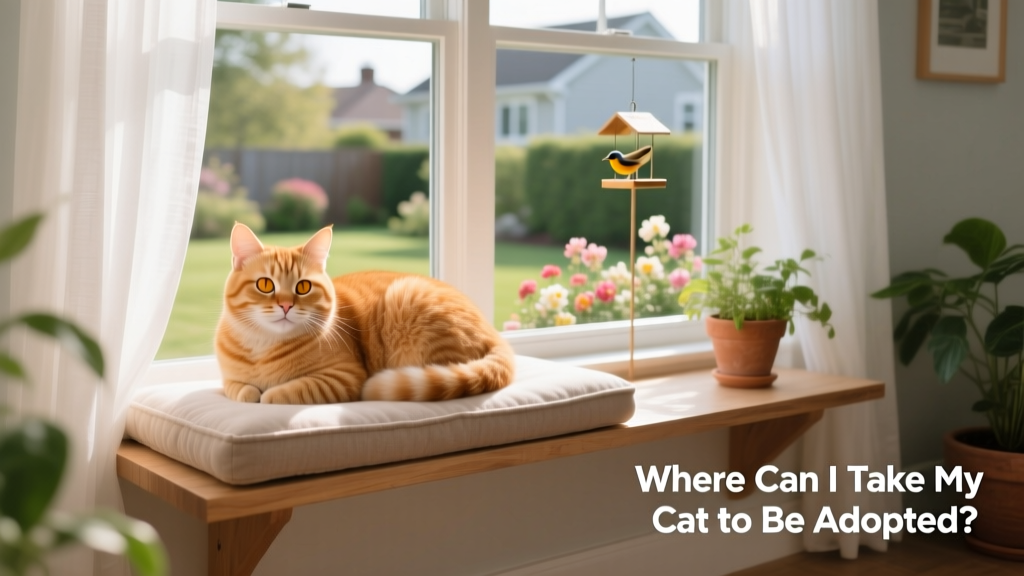 A happy cat curled up in a new window perch in a bright, welcoming home, symbolizing a smooth, joyful transition