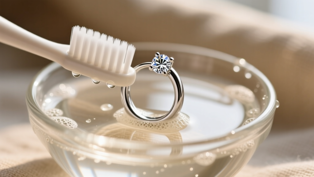 Soft toothbrush cleaning the CZ setting of a 925 sterling silver hoop earring inside a small glass bowl of warm soapy water