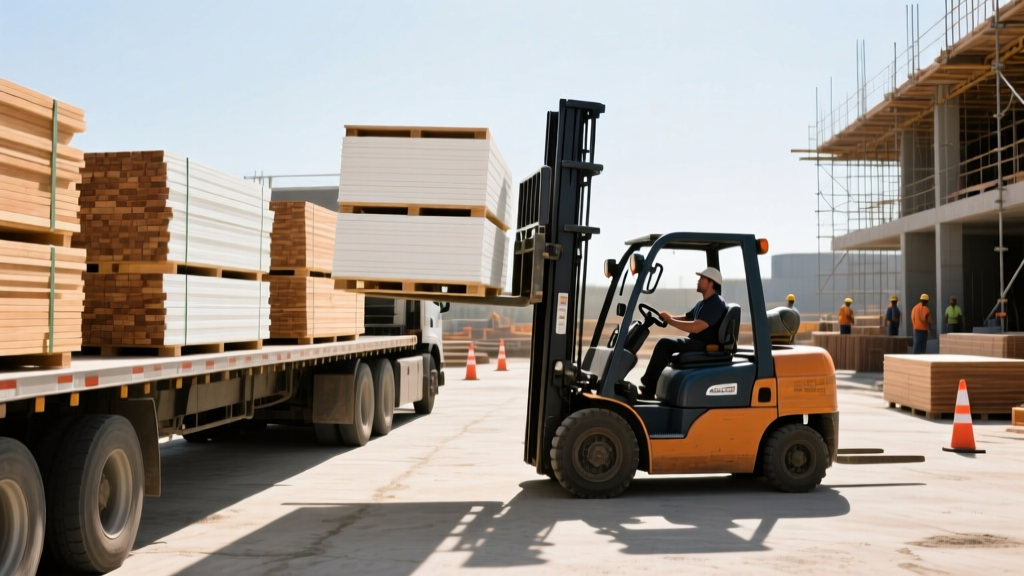 Flatbed truck unloading pallets of dimensional lumber and drywall at a bright, active construction site with a forklift
