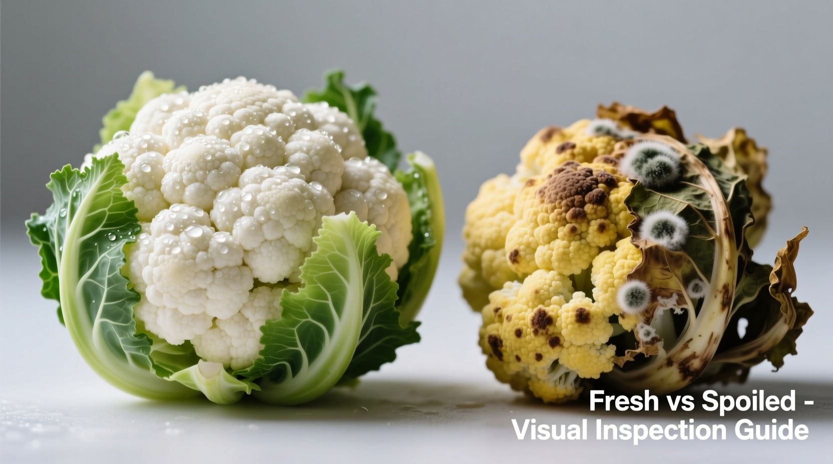 Close-up of fresh versus spoiled cauliflower heads