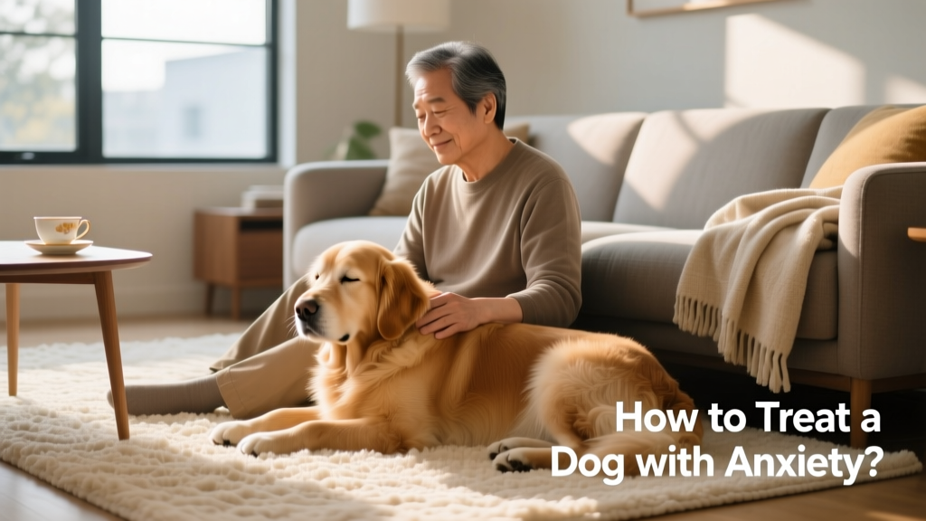 A calm dog resting beside its owner on a cozy rug, illustrating peaceful companionship
