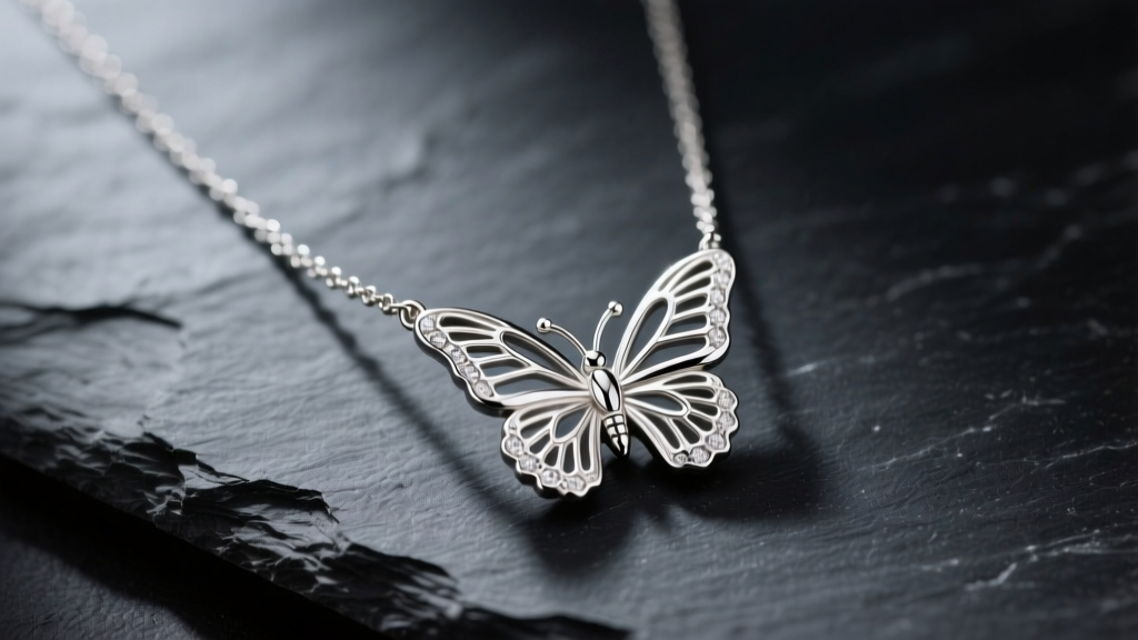 Sterling silver James Avery butterfly necklace on dark slate, highlighting intricate wing detailing and a polished finish.