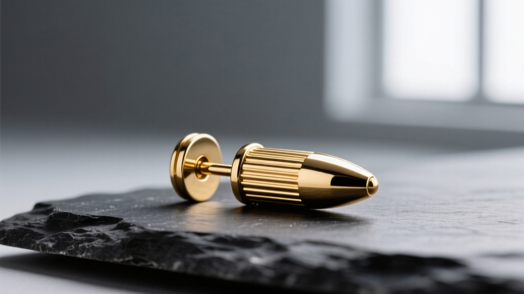 Macro shot of a 16-gauge 14k gold bullet-shaped cartilage earring on dark slate, soft lighting highlights metallic grooves