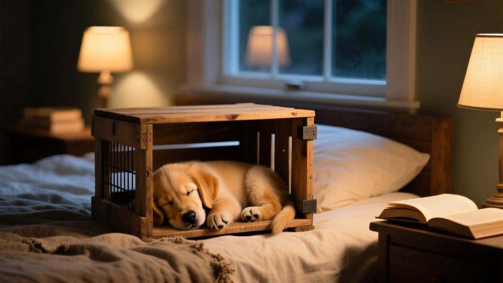 Puppy sleeping peacefully in a crate placed beside a human bed at night