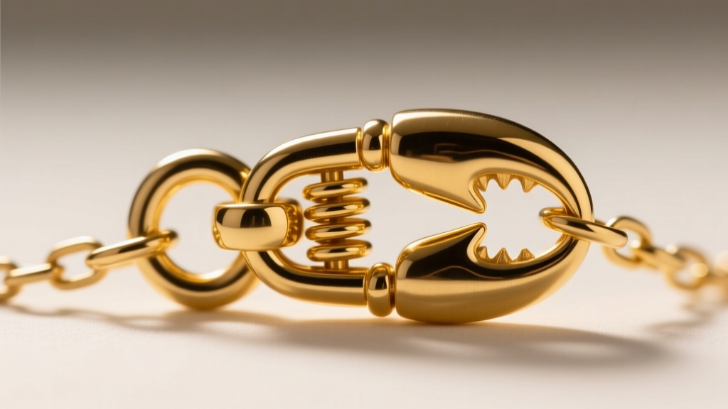 Detailed close-up of a 14k yellow gold lobster clasp securing a delicate 0.9mm chain, showing the spring mechanism and jump ring
