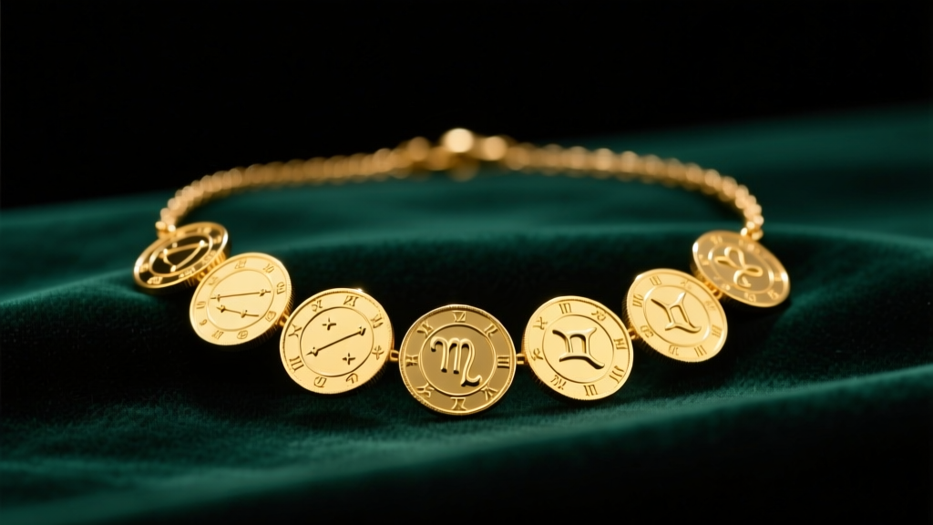 18k yellow gold coin necklace on dark emerald velvet, showcasing intricate engraved zodiac details under soft studio lighting.