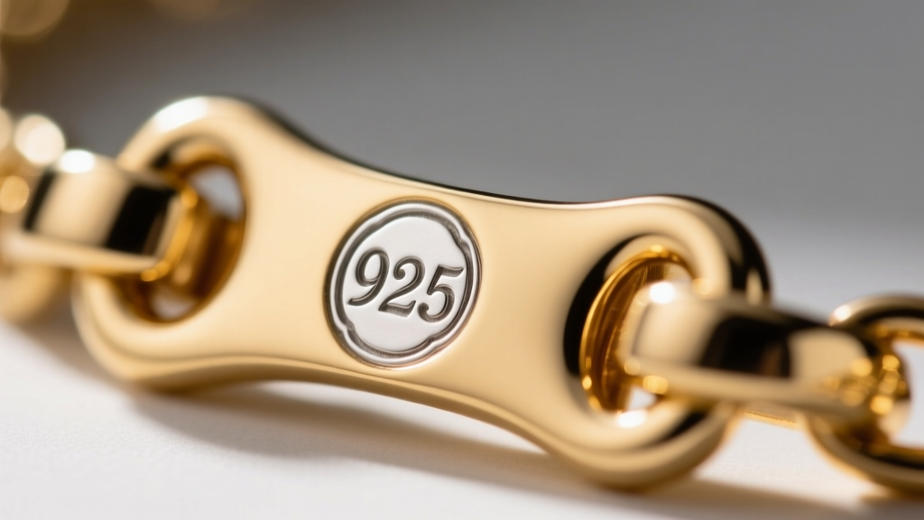 Macro close-up of a 925 sterling silver hallmark stamped on a gold vermeil lobster clasp, showing sharp, clean metal edges.