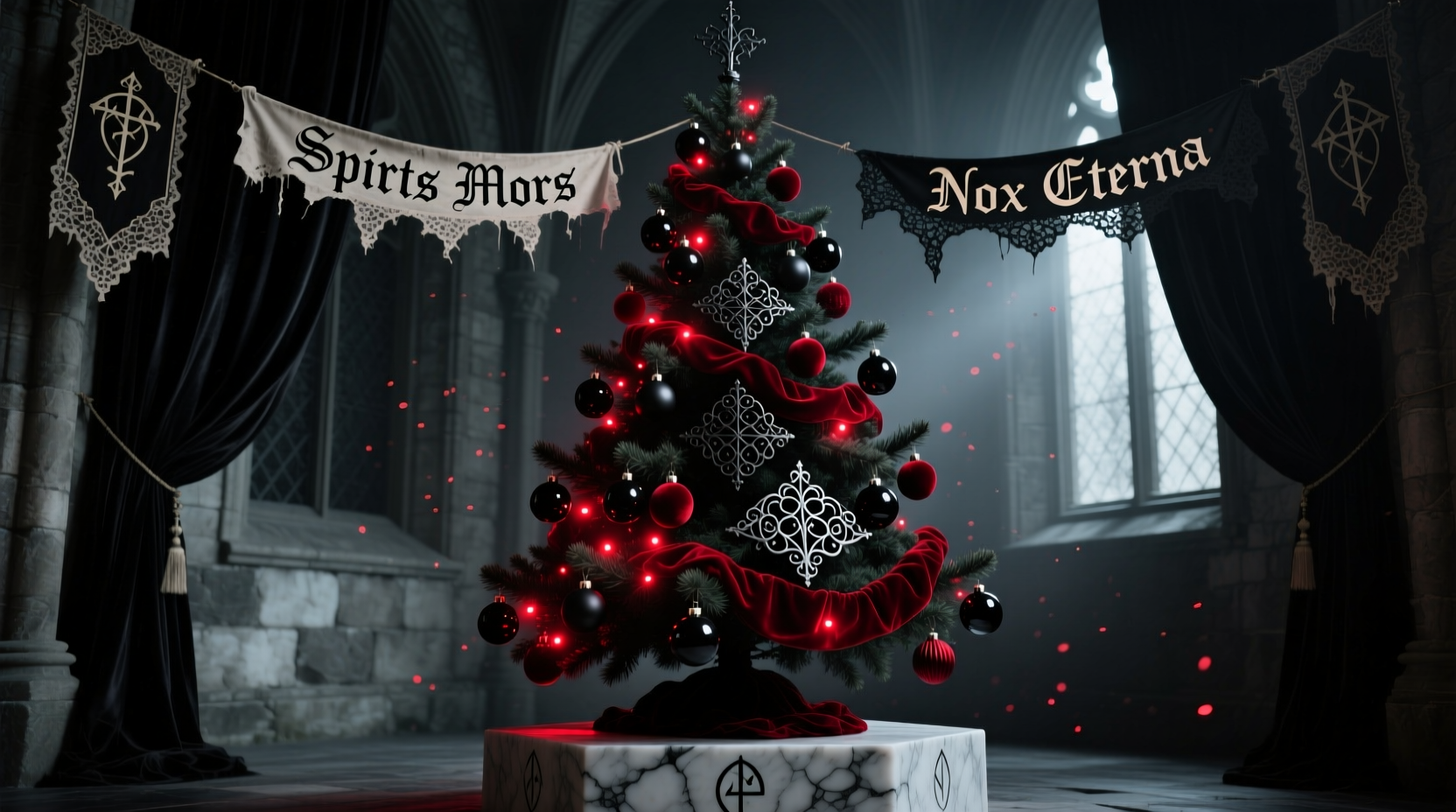 how to style a gothic christmas tree with black lights and deep reds