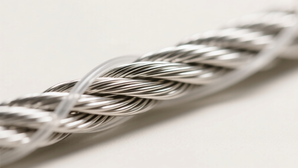 Extreme macro close-up of a 49-strand stainless steel beading wire with a clear nylon coating, showing the braided metal core.