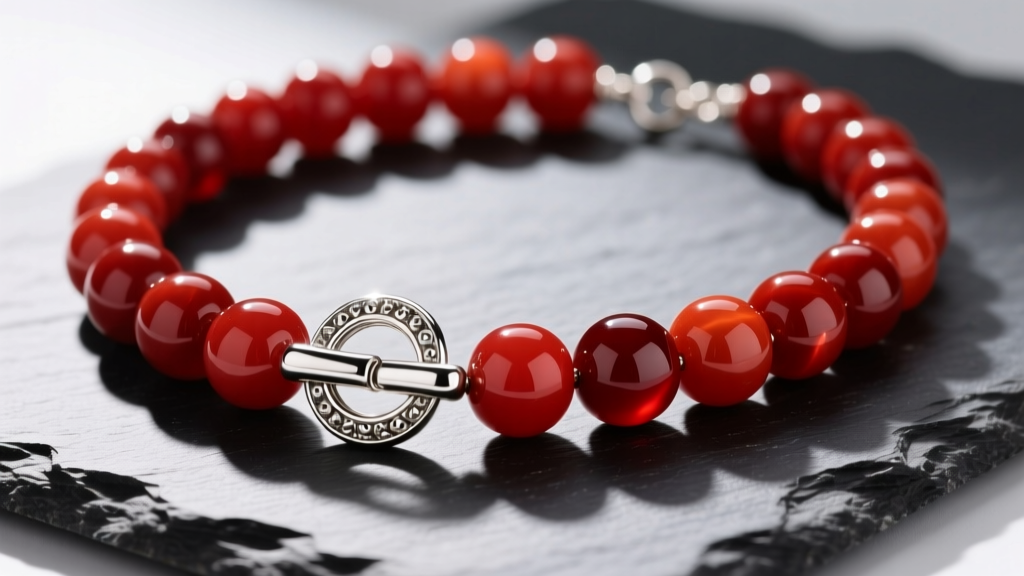 Chunky red carnelian bead necklace on dark slate, highlighting glossy stones and a heavy-duty silver toggle clasp.