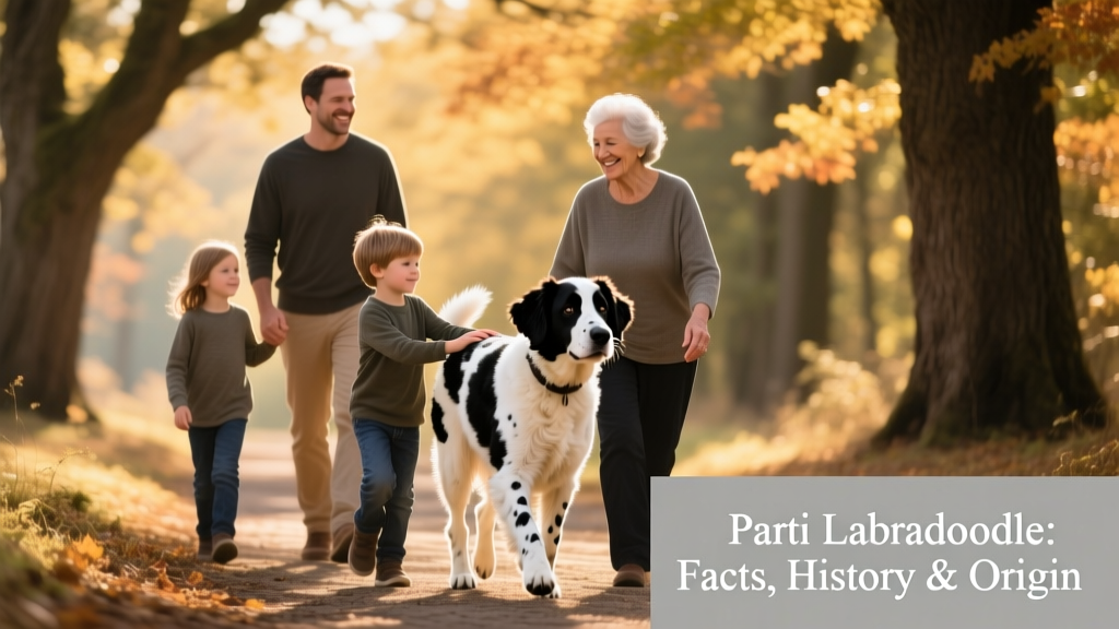 A family walking their adult Parti Labradoodle along a tree-lined path