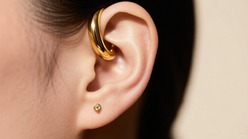Close-up of an asymmetrical ear with a chunky 14k gold helix huggie and delicate threadless lobe stud in soft studio light