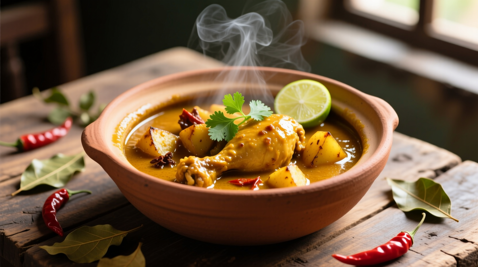 Golden potato curry chicken in clay pot