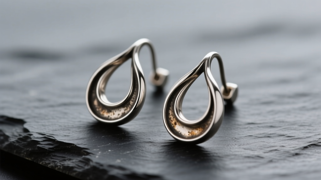 Macro shot of vintage Georg Jensen sterling silver drop earrings on dark slate, showing organic curves and soft patina