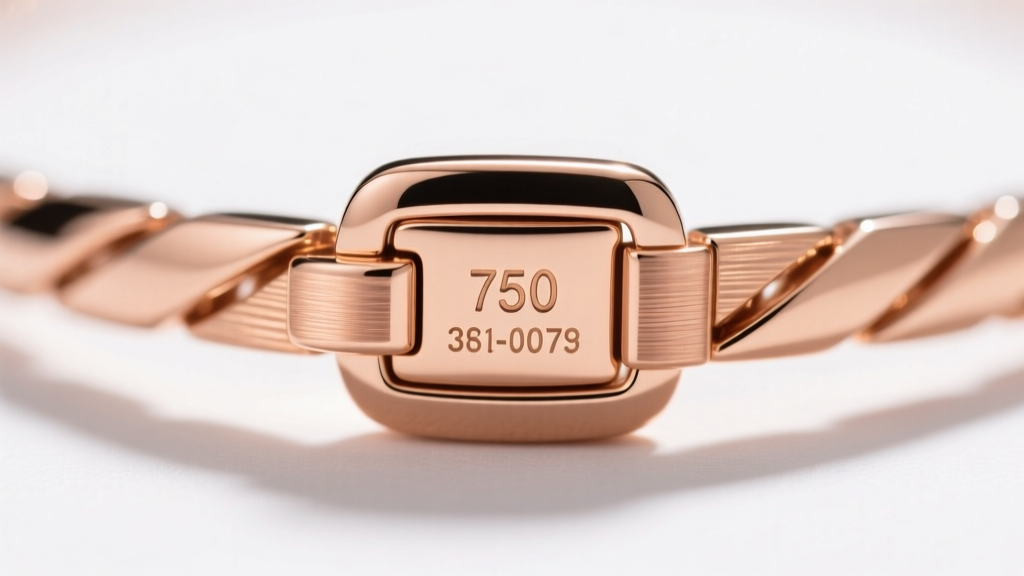 Macro shot of a Damiani necklace clasp showing crisp 750 hallmark and serial number stamped on polished 18k rose gold