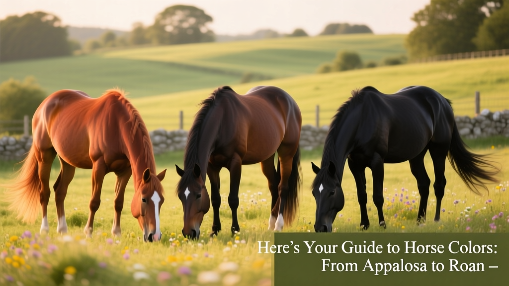 Side-by-side comparison of chestnut, bay, and black horses grazing in a field