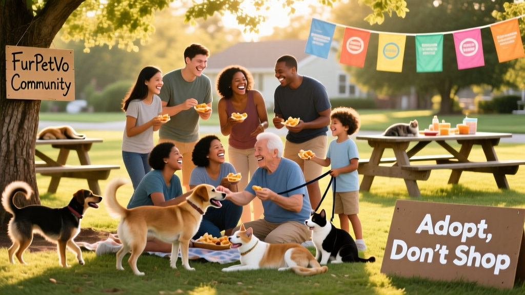 A diverse group of adopters laughing together at a FurPetVo community picnic with dogs and cats nearby