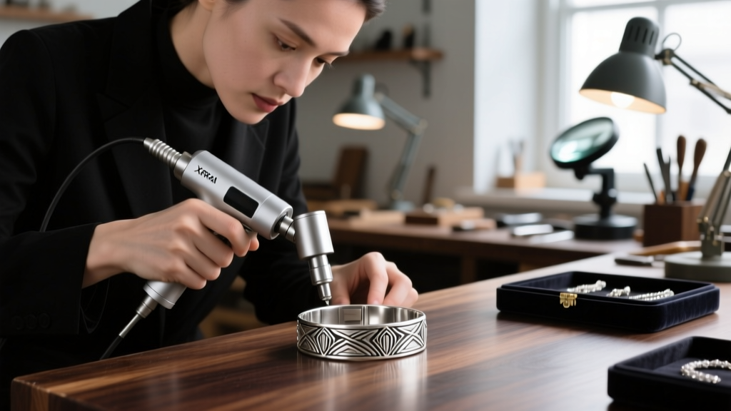 Jeweler using an XRF analyzer gun to test the elemental makeup of a vintage sterling silver bracelet on a dark wooden workbench
