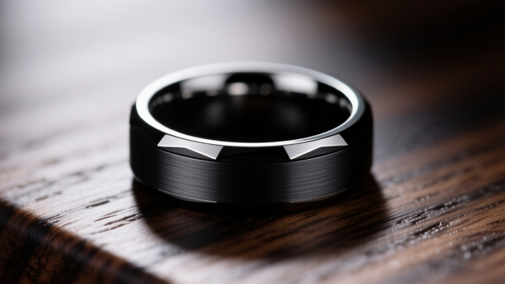 Macro shot of a tungsten carbide band with a matte black finish and polished beveled edges resting on dark wood.